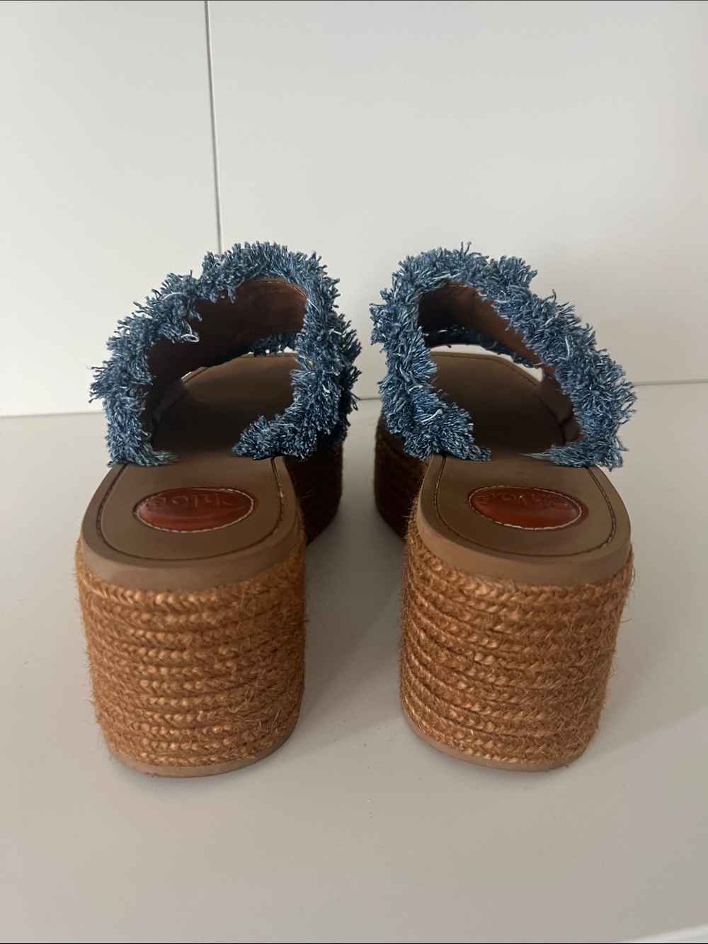 Chloe Blue Denim Fringe & Brown Leather Wedge Sandals - Picture 3 of 3